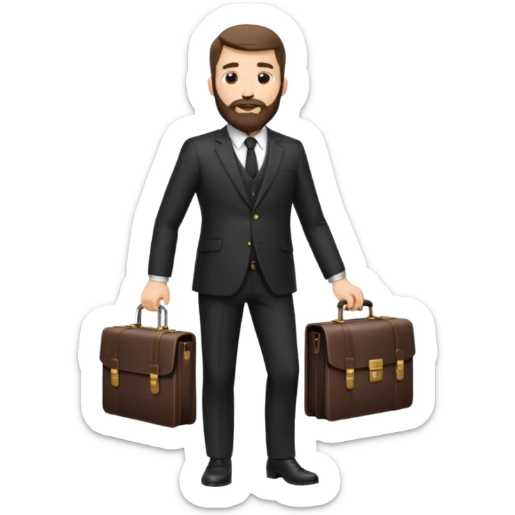 A handsome man, 40+ years old, with a thick beard in a black suit, fair skin, short stylish haircut, full-length photo, wearing an expensive watch, unusual pose, holding a briefcase sticker