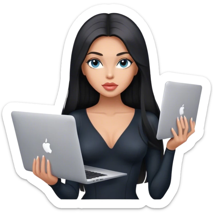 Glamours, tanned, very beautiful girl, with big pump peach-beige-rose lips, black straight smooth silky long hair, straight parting, blue-grey eyes, in black bodysuit holding MacBook sticker
