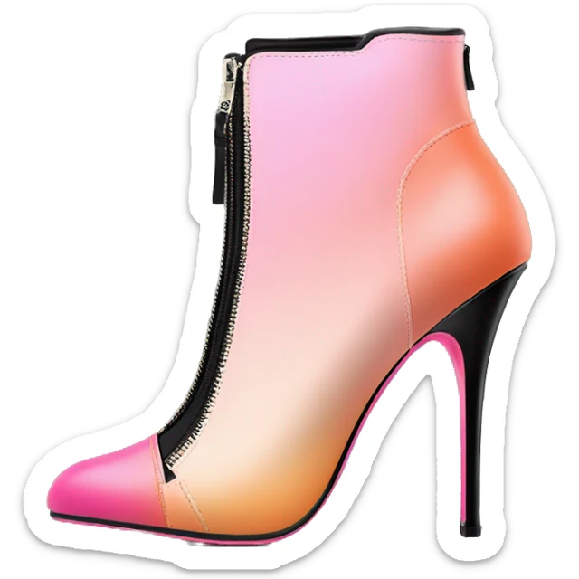 Hyper Realistic isolated top front view of a pair  of peach,pink and black ombre high heel zippered ankle bootie boots. sticker