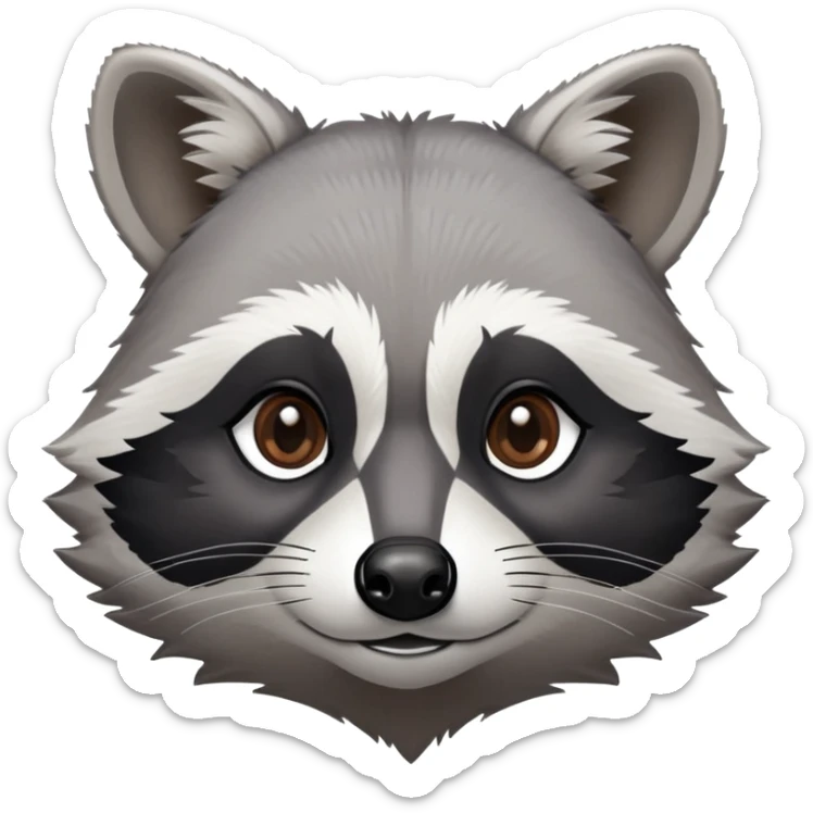 Cinematic-Noble-Raccoon-Portrait-Emoji – Poised and confident, with a sturdy build and a beautifully textured fur of silver-grey accented by dark black facial markings, deep-set, intelligent brown eyes, simplified yet sharp and sophisticated zoom out to show shoulders sticker