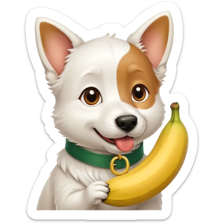 A cute all white silly dog with dark green collar brown eyes holding a banana in it’s mouth sticker