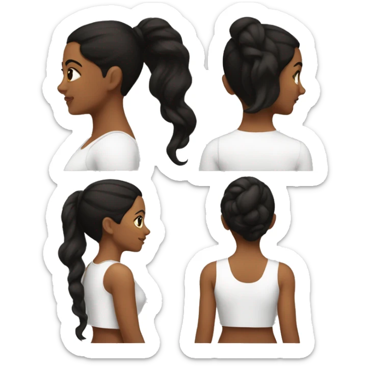 back side of a brown women, with black hair and, a white crop top sticker