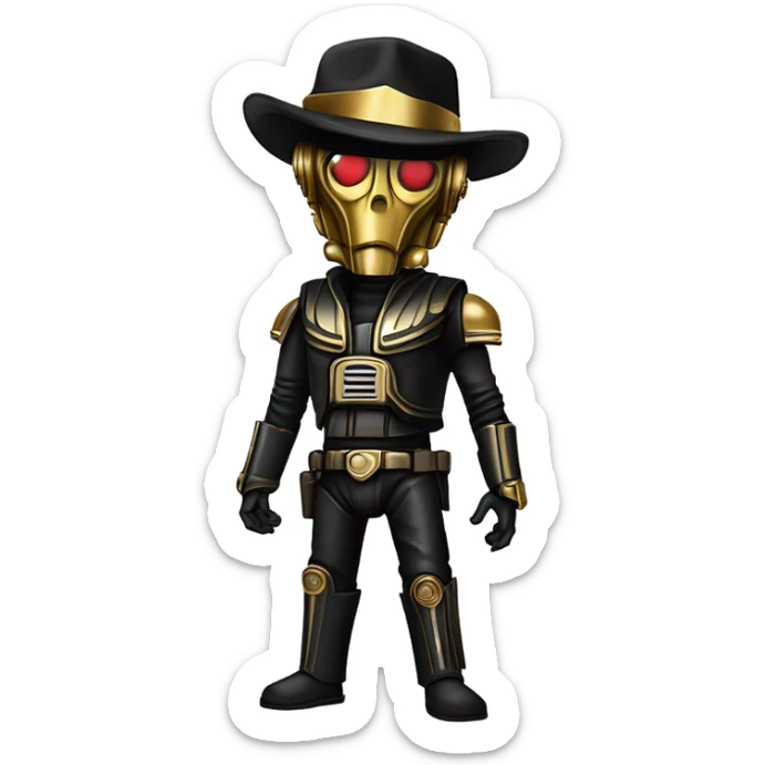 battle rough and tough bounty hunter c3Po wearing Satan’s leather outfit with guns and flat-brimmed hat on head. walking sticker