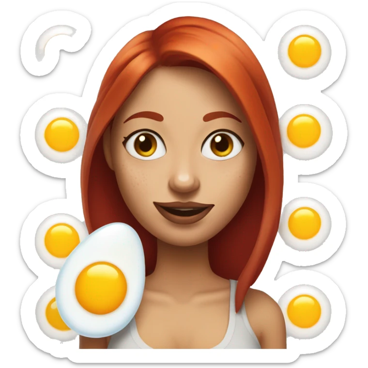 Woman with red hair, nose piercing, blue eyes and arm tattoos holding fried eggs sticker