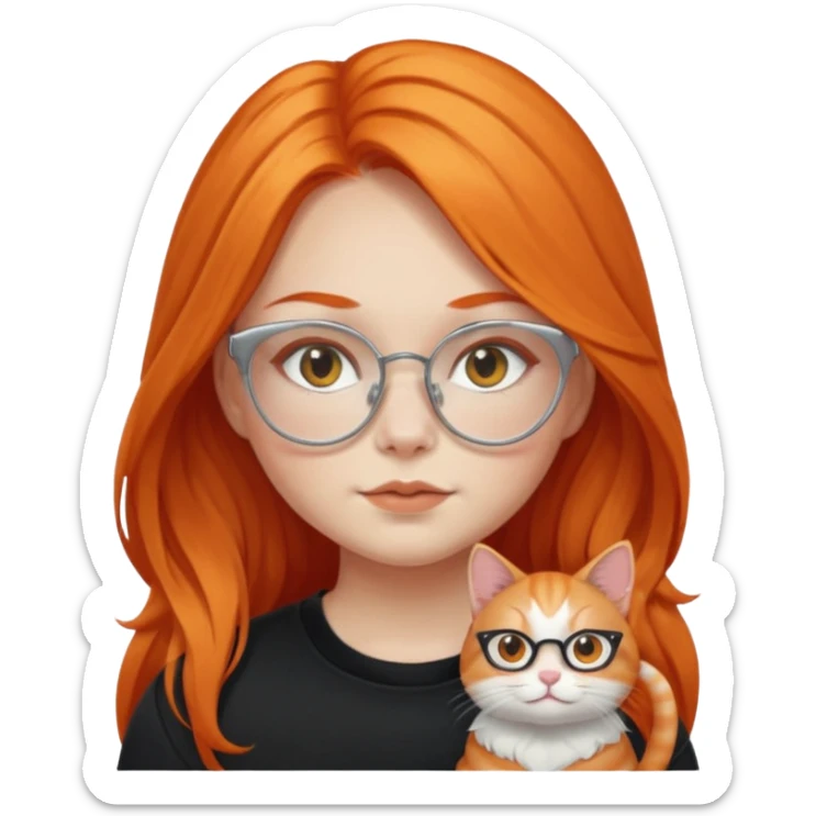 girl with chubby cheeks, very long orange hair, and silver cat eye glasses. Black clothes sticker