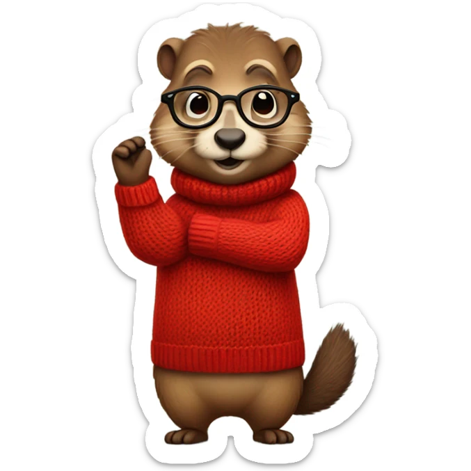 cute groundhog in a fully red sweater and glasses full body shown sticker