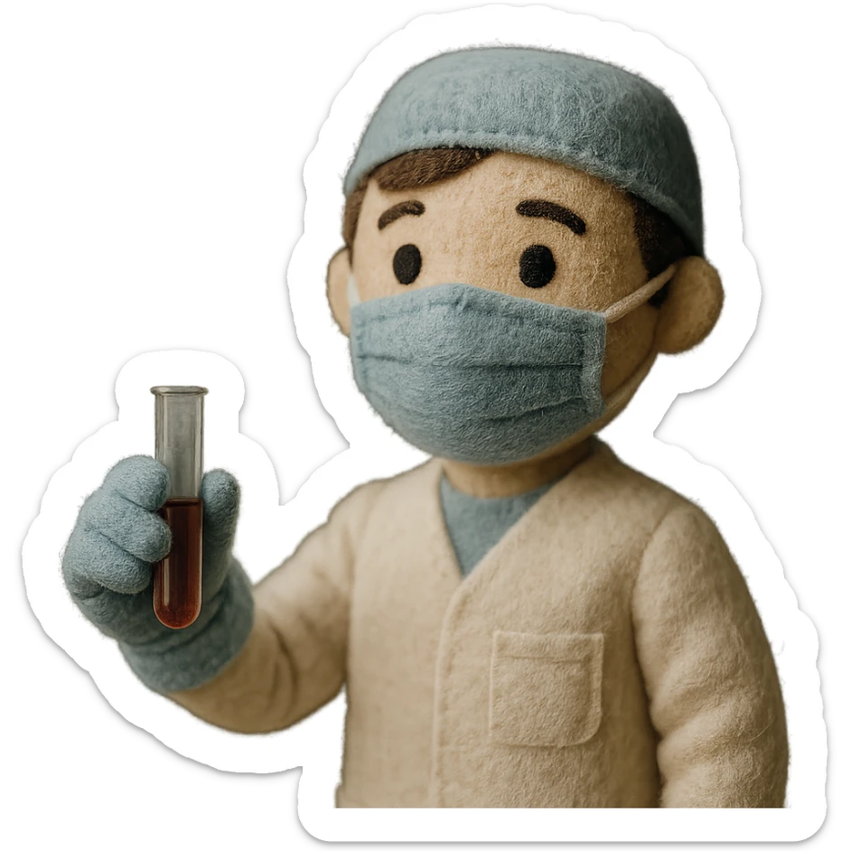 A modern surgeon with a face mask and surgical gloves holding a test tube sticker