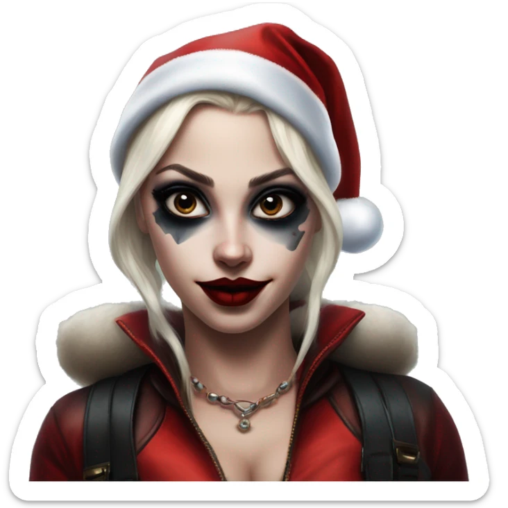 Santa Claus Jasmine in Harley Quinn style, oil paint, mysterious eyes, intricate lips, masterpiece portrait, odd perspective, beautiful, desirable, logical sticker