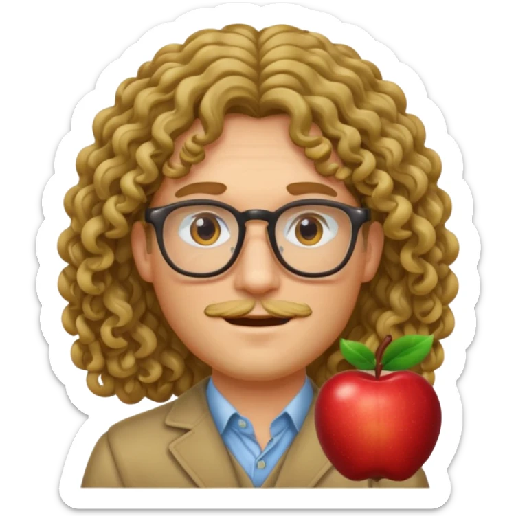 apple style emoji of a male face with long curly hair and glasses sticker