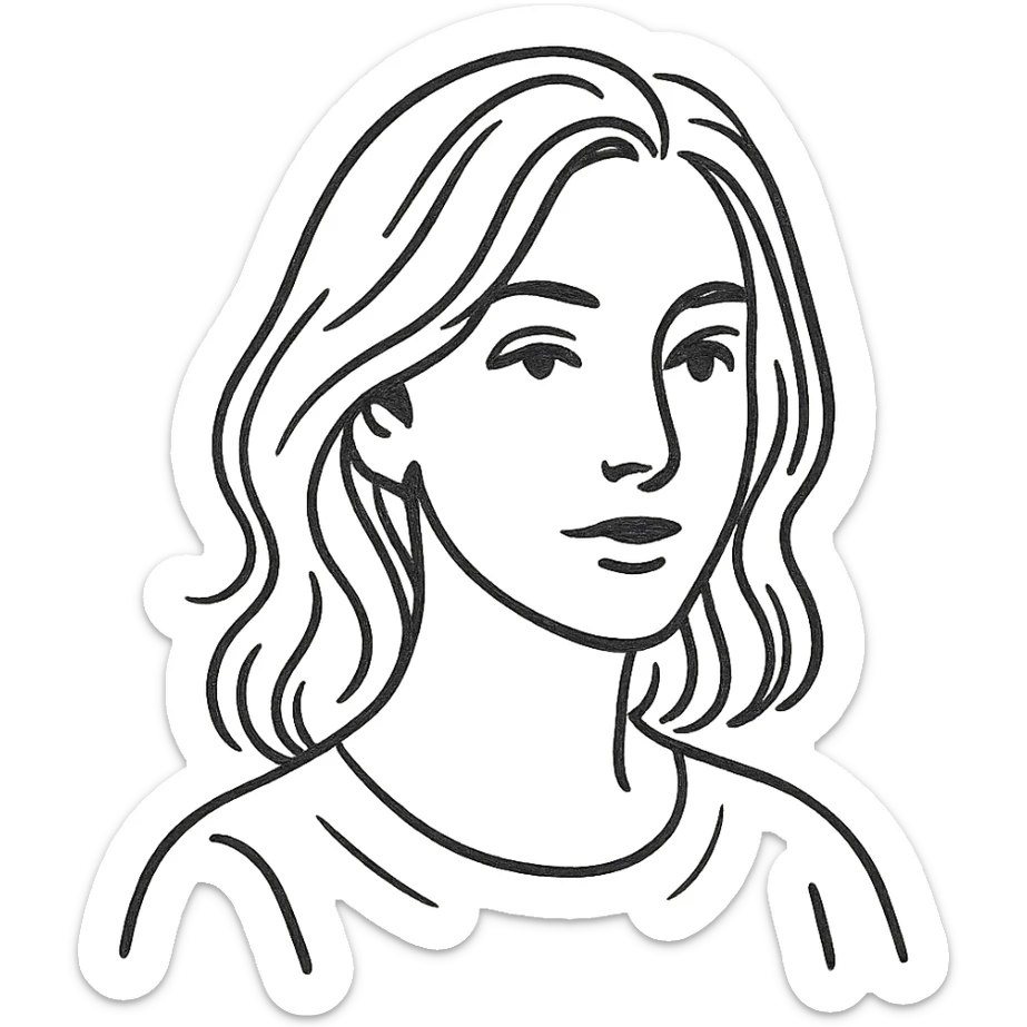tasteful portrait of a brunette woman, hand-drawn look, black and white, elegant sticker