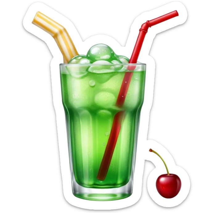Create an emoji with a clear rounded glass, bright transparent green soda with fine bubbles, a smooth vanilla scoop, a glossy red cherry, using vibrant colors, soft shading, and clear glass highlights.
 sticker