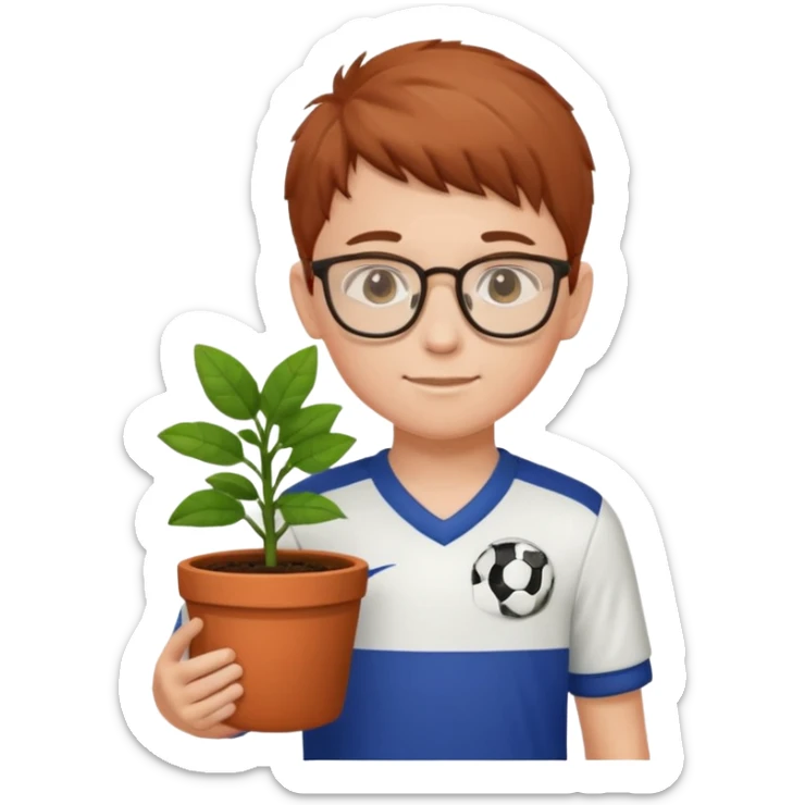young boy wearing glasses, wearing soccer uniform, holding a plant pot sticker
