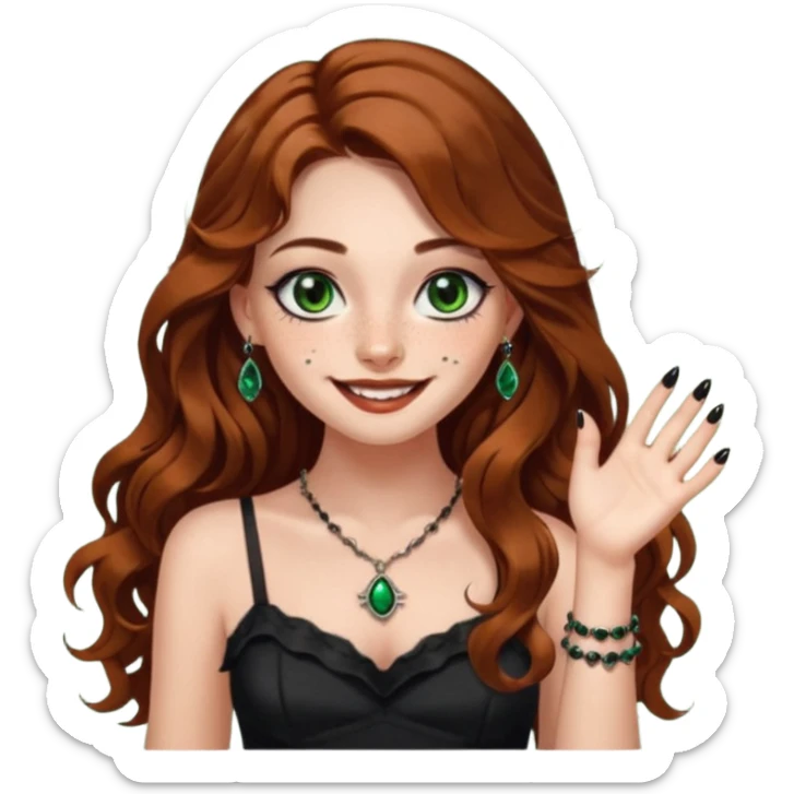 Girl with long wavy brown hair, dark green eyes with eyeliner, she has freckles and a cute nose, mini dress on with long black nails and she’s also wearing horror jewelry smiling sticker
