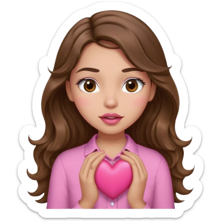 girl with long wavy brown hair, brown eyes, light to medium complexion, in a pink shirt, pink lips, long lashes, sexy , puckering, blushing, kissing a heart sexy sticker