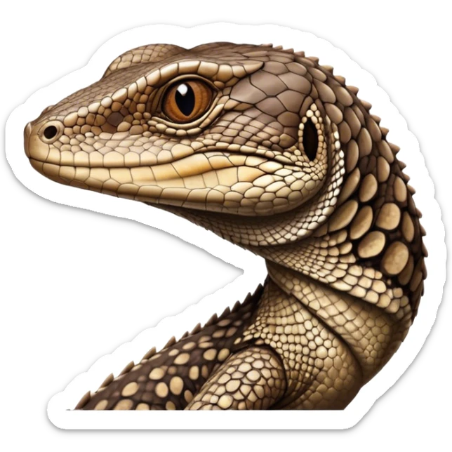 Cinematic Noble brown camo spotted monitor Lizard Portrait Emoji, Poised and regal, with a robust, scaled body exhibiting striking, mottled patterns and piercing, alert eyes, Simplified yet sharp and sophisticated features, highly detailed, glowing with a soft, earthy glow, high shine, intelligent and formidable, stylized with an air of ancient wilderness, focused and commanding, soft glowing outline, capturing the essence of a watchful and confident reptilian guardian that appears ready to stride out of the screen with effortless authority! sticker