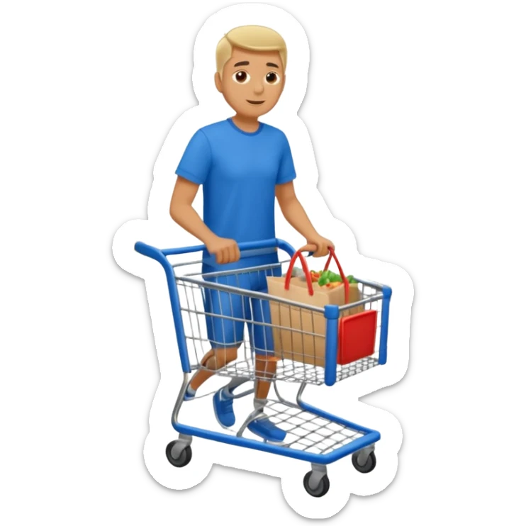 full body of a man pushing a shopping cart inside a supermarket sticker