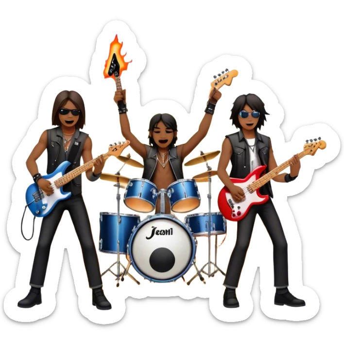 Icon for Metal Music: metal band on stage with musicians playing electric guitars, bass, and drums. The atmosphere is intense, with flashing lights, smoke, and energetic stage presence. The vibe is powerful and electric. Transparent background. sticker