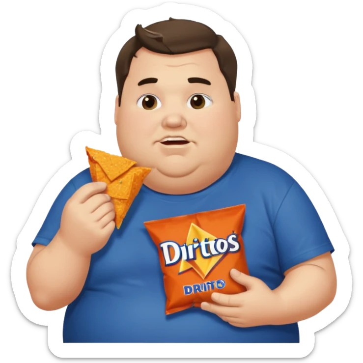 Fat man with greasy hair side part discord t shirt eating doritos sticker
