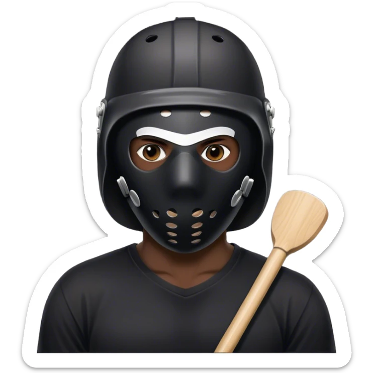 dark skinned black man standing in front of tent wearing a black t shirt with a white jason hockey mask sticker