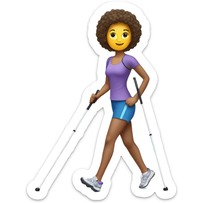 women Nordic Walking with left pole on ground  behind her body and right hand hiding  pole handlebeside her body  sticker