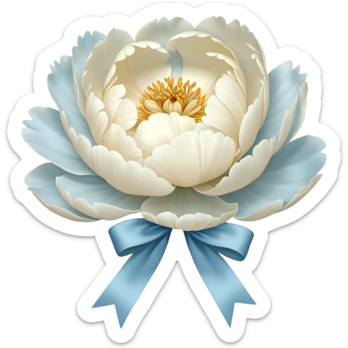 A single oversized peony in the softest shade of ivory sits in the center of a pearl-white canvas, its velvety petals unfolding like a quiet whisper. Wrapped around its stem is a wide, silk bow in a misty blue hue, its fabric pooling slightly onto the surface. The background’s subtle texture reflects light in a way that enhances the depth of the petals, creating an ethereal, almost weightless atmosphere. sticker