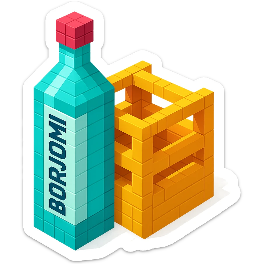 Borjomi bottle with a wooden crate packaging sticker
