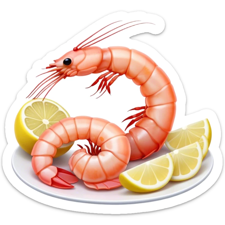 Cinematic glistening shrimp, pink and juicy, slightly curled with a light char, served with lemon wedges, ultra-detailed and fresh, warm glowing background. sticker