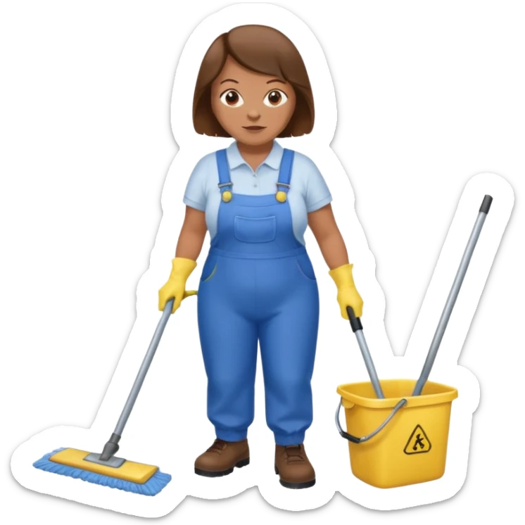 old and fat women, brown hair, Custodian with yellow rubber gloves, white T-shirt, blue overalls, mopping floor sticker