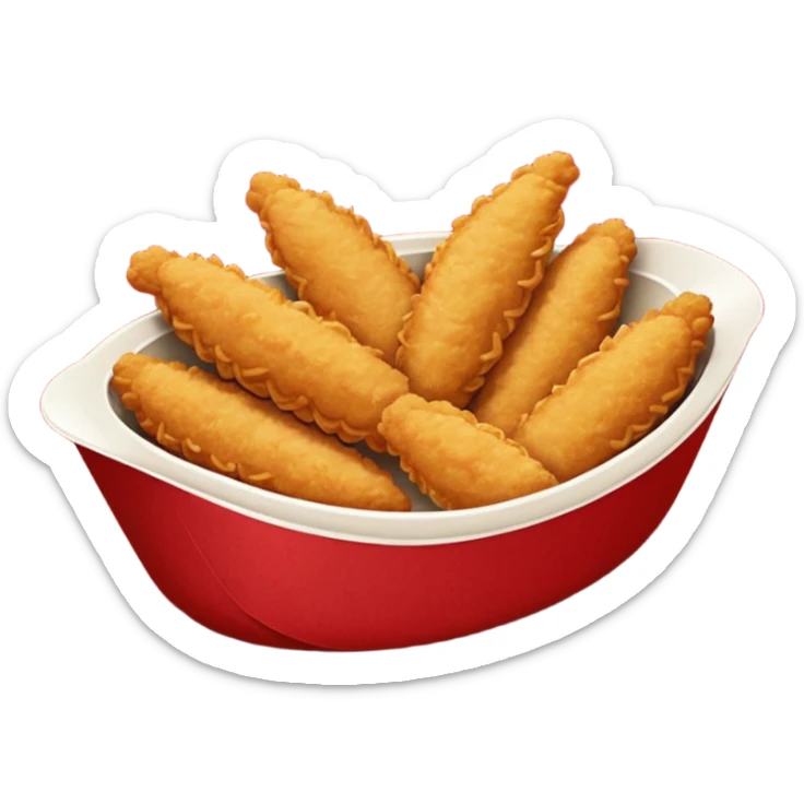 5 breaded chicken tenders of varying sizes and shapes in a red paper food boat sticker