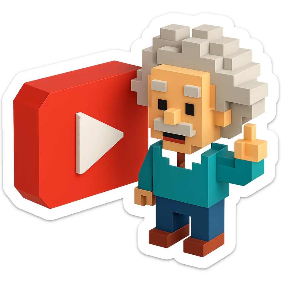voxel style Albert Einstein with a large YouTube play button in the background, isometric view sticker