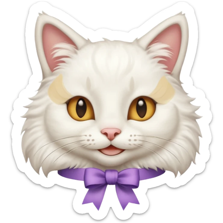 Head of a white cat, smiling, with a loose ribbon on top of its head
 sticker