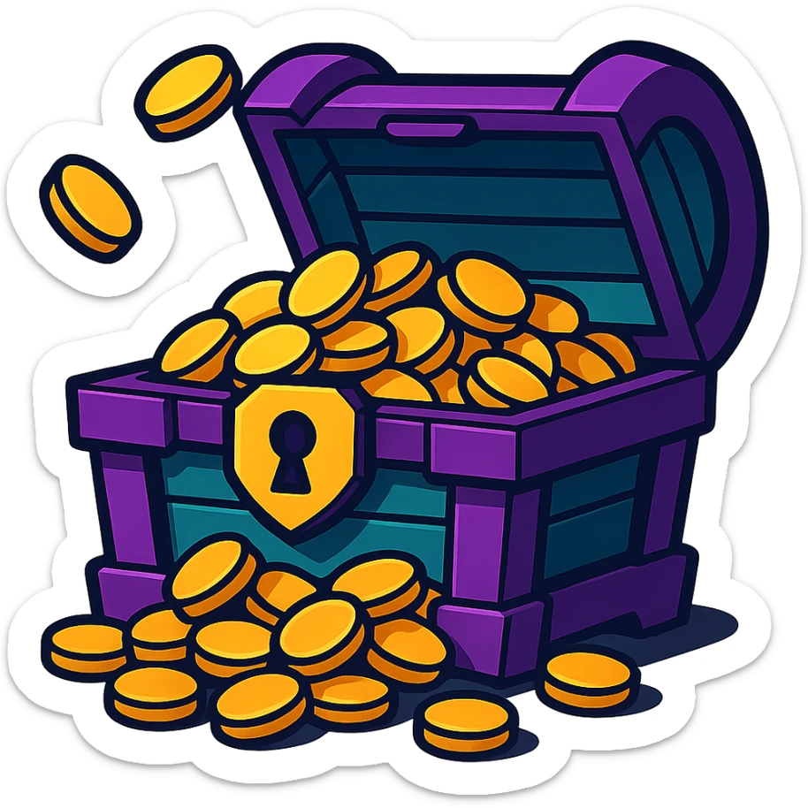 Make the purple and teal rewards chest open with coins spilling out, no background, vibrant toon style. sticker
