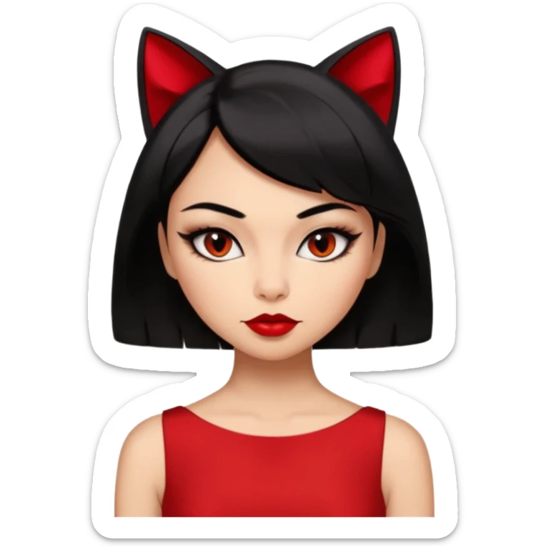 Chica Otaku con delineado gatita con vestido rojo y pelo semi corto negro súper sexy sticker