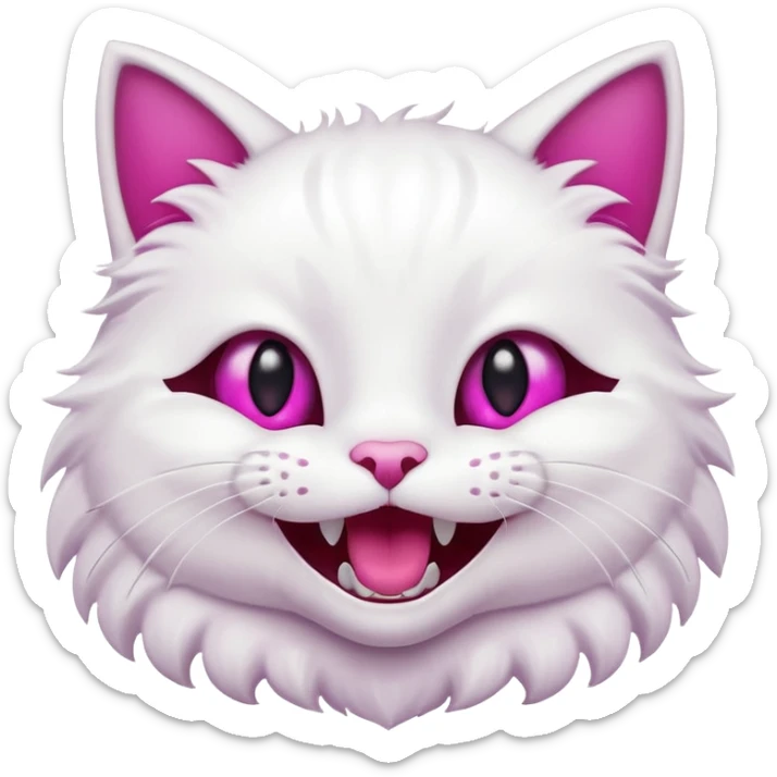 White cat, very happy open mouth smile, fangs showing, magenta eyes, black background, cute cartoon style sticker