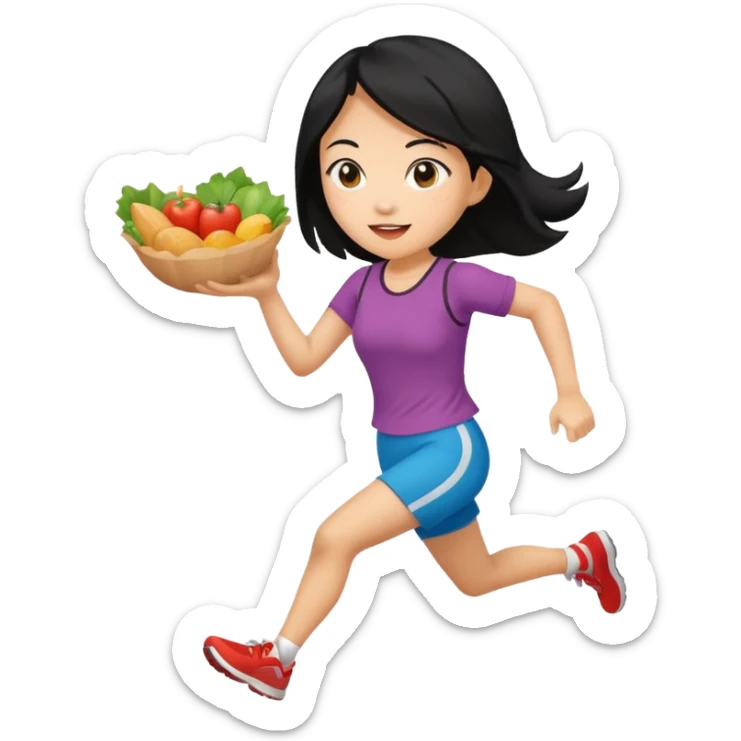 Asian woman with black hair running with food in hand sticker