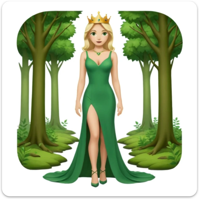 Queen, crown, blonde hair, green eyes, long green tight dress, decoltee,  Leg slit, whole Body, Background forest  sticker