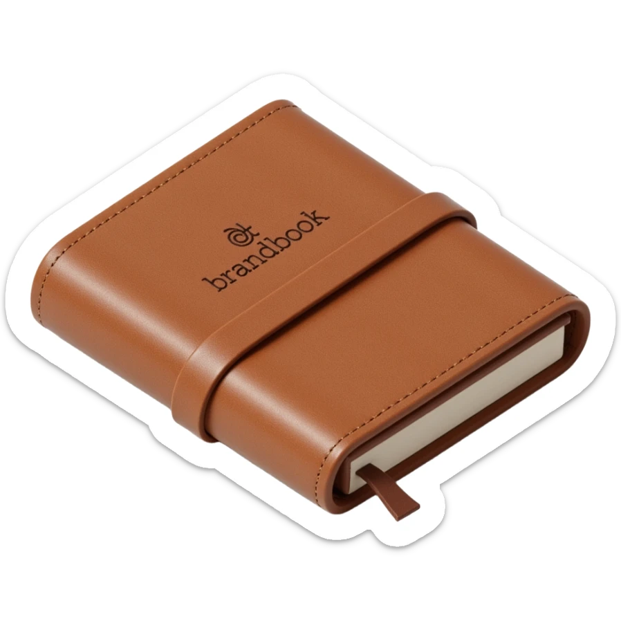 leather-bound notebook with stitching and 'brandbook' written on it, skeuomorphism icon style sticker
