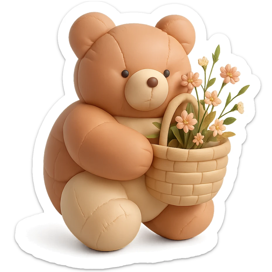 bear carrying a basket of wildflowers, soft pastel brown and cream, cushion style sticker
