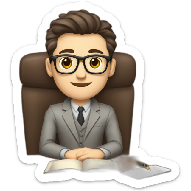 Pale skinned Fit Man With dark brown hair in gray jacket, beige office shirt, Brown pants and vintage glasses sitting In a soft chair with a notebook on spring with emblem Ψ and a pen sticker