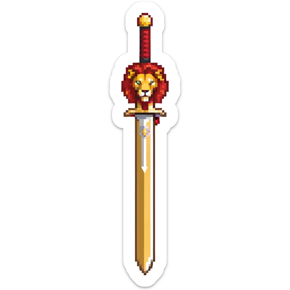 gold colored long sword with deep red handle and a gold lion on the end of the handle sticker