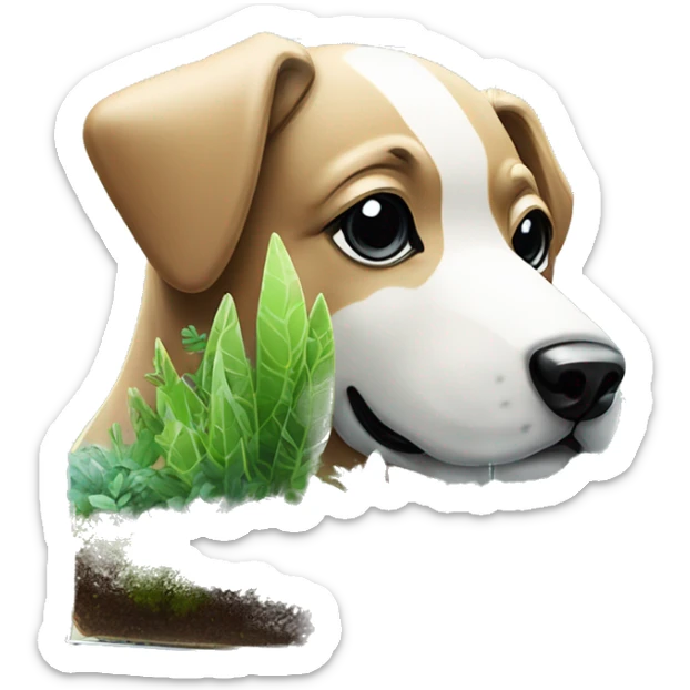 A dog made of glass mirror crystals prisms glass transparent filled with plants as a terrarium with graffiti doodles sticker