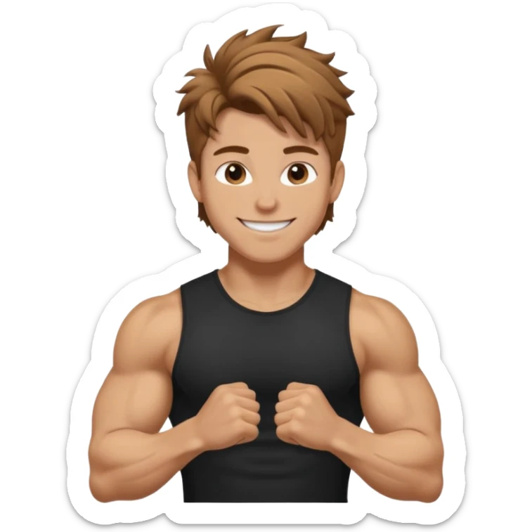 Gym rat with light brown hair and black t shirt, and messy hair. And muscular ,and happy a little sticker