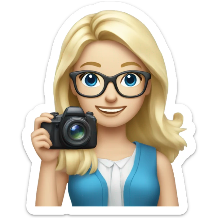Elegant blonde girl with glasses smiling blue eyes taking pictures with a camera  sticker