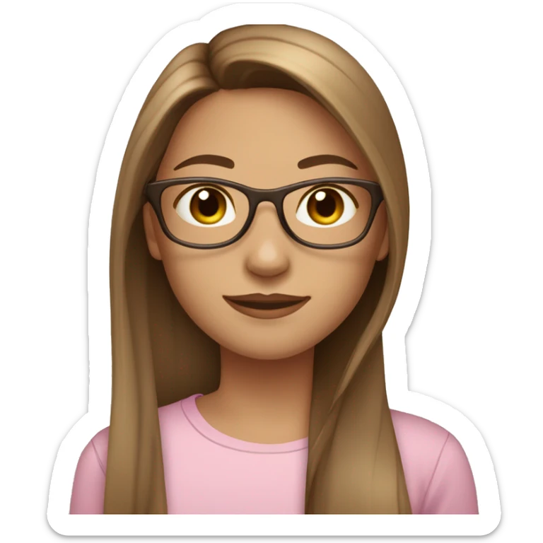 girl with long straight brown hair and carmel highlights, pale/tan skin, pretty, pink shirt, clear glasses,  sticker