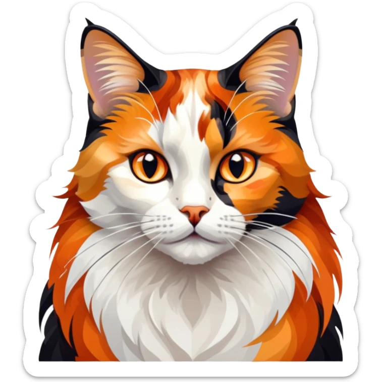 cinematic-noble-calico-cat-portrait-emoji,-poised-and-regal,-with-a-striking-patchwork-fur-in-vibrant-orange,-black,-and-white-hues premoninantly black,-delicate-whiskers-and-a-refined,-relaxed-gaze,-simplified-yet-exquisitely-detailed,-glowing sticker