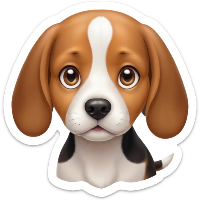 Cinematic Cute Beagle Portrait Emoji, Head tilted playfully and inquisitively, featuring a soft tri-color coat of white, brown, and black with floppy ears, round, sparkling hazel eyes filled with curiosity, Simplified yet irresistibly adorable features, highly detailed, glowing with a warm, friendly glow, high shine, affectionate and lively, stylized with a touch of whimsy, bright and endearing, soft glowing outline, capturing the essence of a mischievous yet loving pup, so playful it feels like it could bound out of the screen and into your arms! sticker
