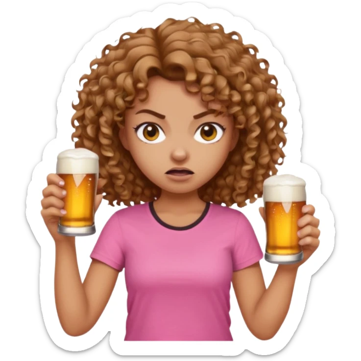 Girl with long light brown curly hair and pink t-shirt with beers on hand and angry face sticker