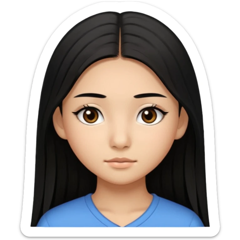 a tan chinese-american 15 year old girl with middle part long straight black hair down to her chest dark brown eyes. .eyelashes  sticker