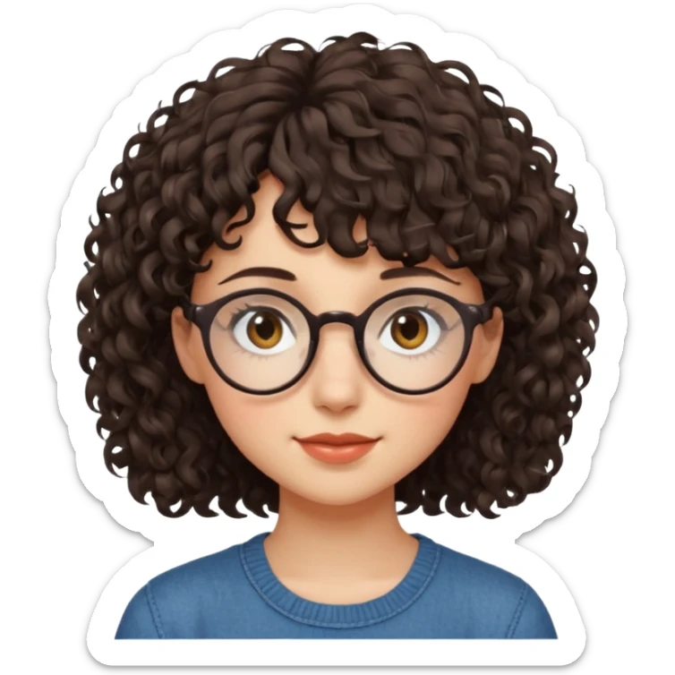 Koyu renk, dağınık kıvırcık saçlı, kısa kahküllü, yuvarlak gözlüklü ve büyük kahverengi gözlü bir genç kadının yüzünü gösteren emoji tarzı illüstrasyon. Hafif bir gülümseme veya tatlı bir sırıtış ifadesi var. Cilt tonu açık. sticker