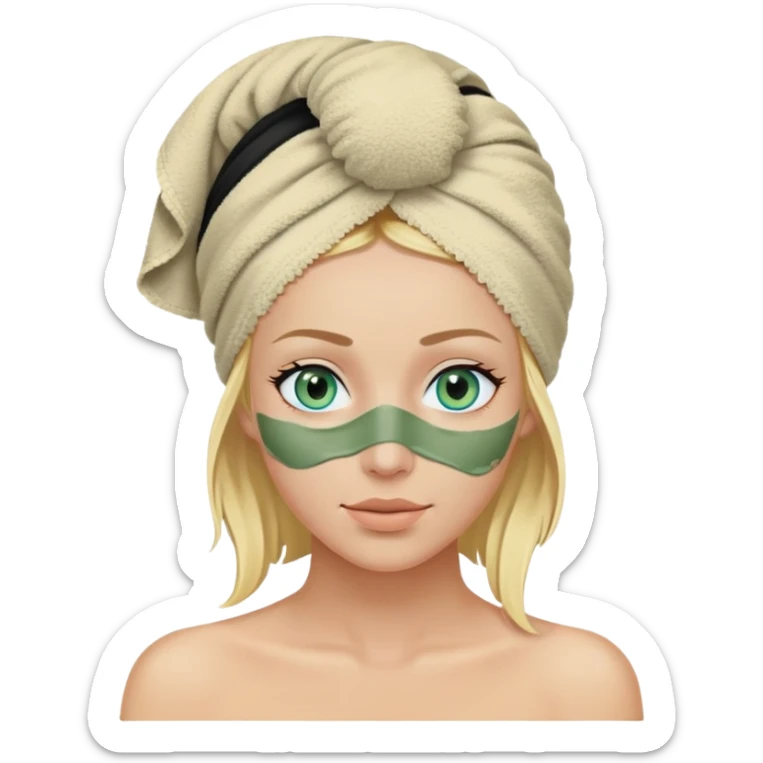 Femme blonde aux yeux bleus avec une serviette de bain noir enroulée sur la tête et un masque d’argile verte sur le visage sticker
